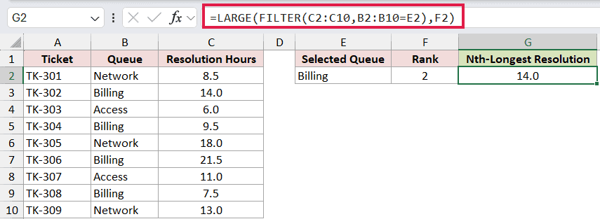 =LARGE(FILTER(C2:C10,B2:B10=E2),F2) in G2