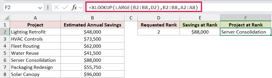 =XLOOKUP(LARGE(B2:B8,D2),B2:B8,A2:A8) in F2
