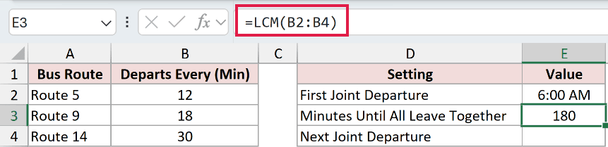 =LCM(B2:B4) in E3