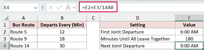 =E2+E3/1440 in E4