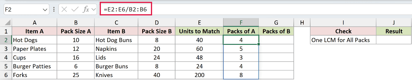 =E2:E6/B2:B6 in F2