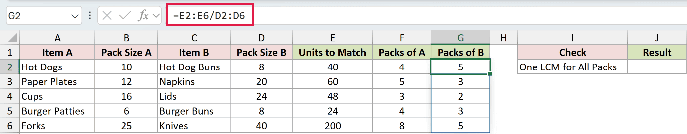 =E2:E6/D2:D6 in G2