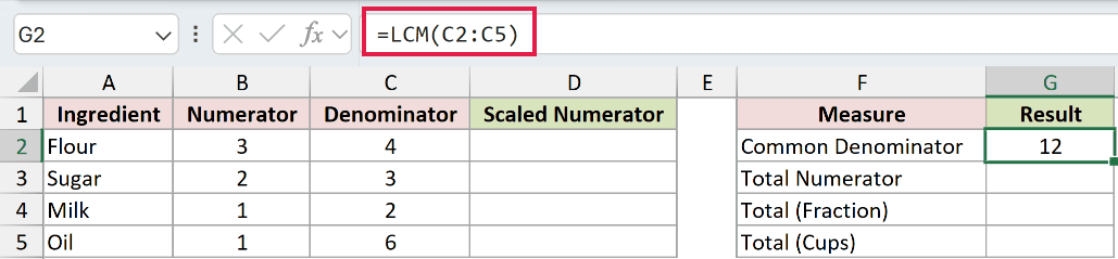 =LCM(C2:C5) in G2