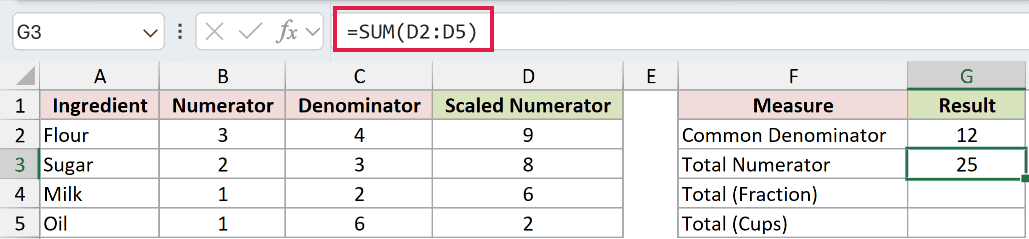 =SUM(D2:D5) in G3