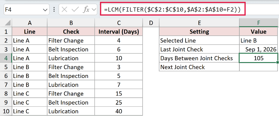 =LCM(FILTER($C$2:$C$10,$A$2:$A$10=F2)) in F4