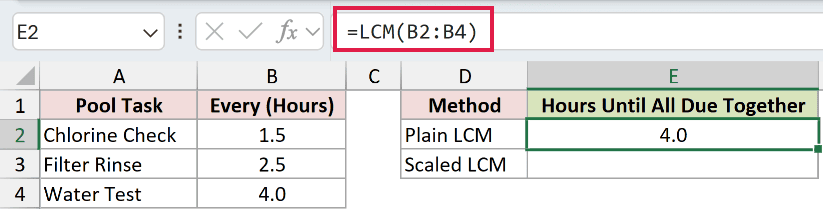 =LCM(B2:B4) in E2