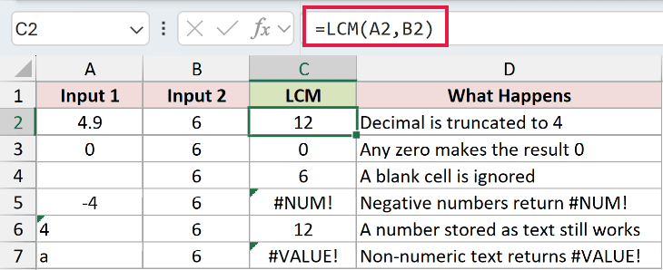 =LCM(A2,B2) in C2