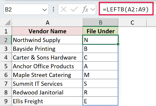 =LEFTB(A2:A9) in B2