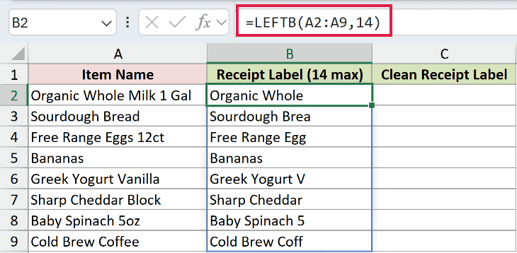 =LEFTB(A2:A9,14) in B2