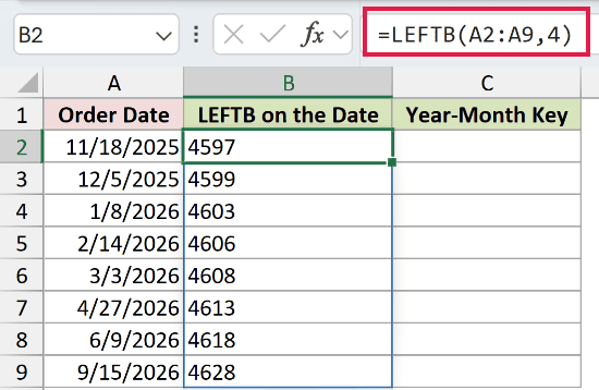 =LEFTB(A2:A9,4) in B2
