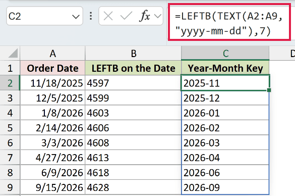 =LEFTB(TEXT(A2:A9,"yyyy-mm-dd"),7) in C2