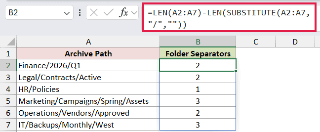 =LEN(A2:A7)-LEN(SUBSTITUTE(A2:A7,"/","")) in B2