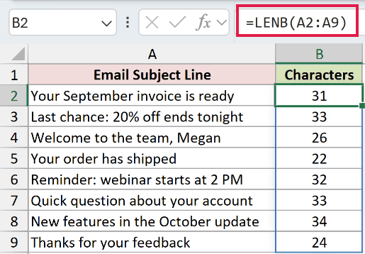 =LENB(A2:A9) in B2