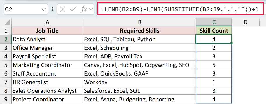 =LENB(B2:B9)-LENB(SUBSTITUTE(B2:B9,",",""))+1 in C2