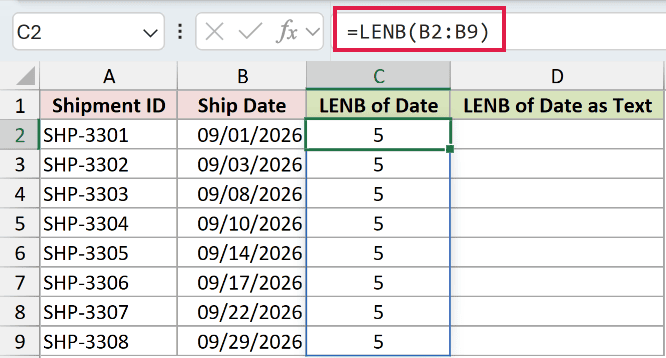 =LENB(B2:B9) in C2