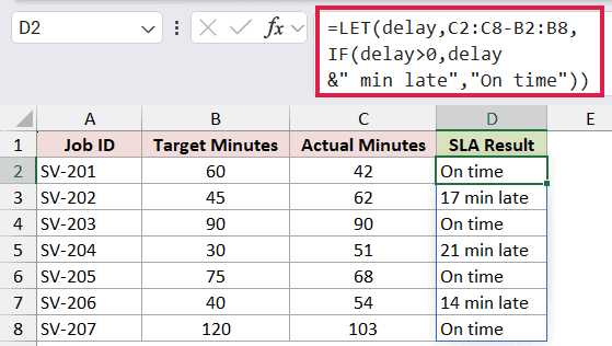 =LET(delay,C2:C8-B2:B8,IF(delay>0,delay&" min late","On time")) in D2