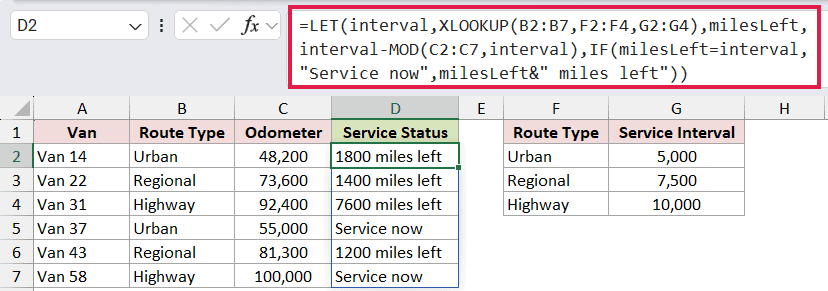 =LET(interval,XLOOKUP(B2:B7,F2:F4,G2:G4),milesLeft,interval-MOD(C2:C7,interval),IF(milesLeft=interval,"Service now",milesLeft&" miles left")) in D2