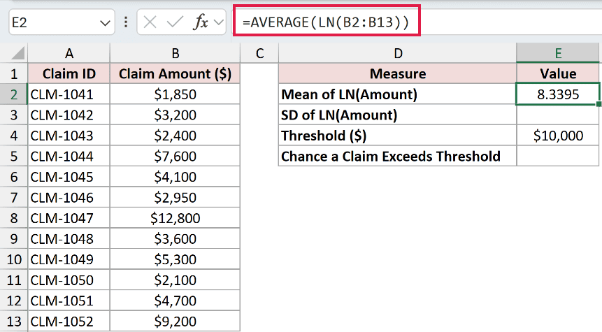 =AVERAGE(LN(B2:B13)) in E2