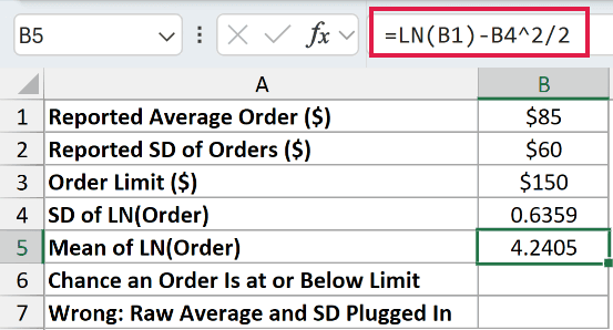 =LN(B1)-B4^2/2 in B5
