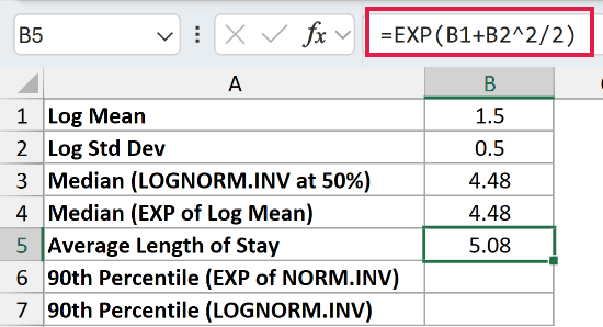 =EXP(B1+B2^2/2) in B5