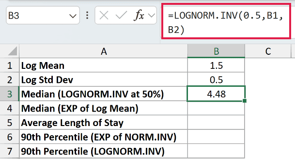 =LOGNORM.INV(0.5,B1,B2) in B3
