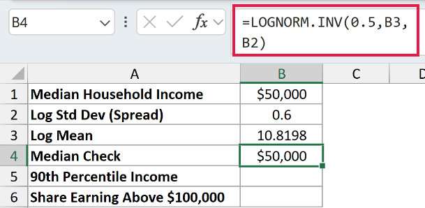 =LOGNORM.INV(0.5,B3,B2) in B4