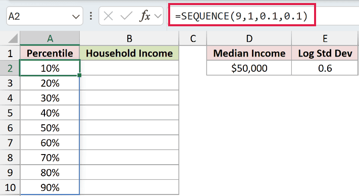 =SEQUENCE(9,1,0.1,0.1) in A2