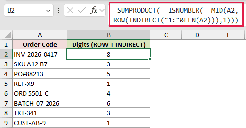 SUMPRODUCT with ROW and INDIRECT counting the digits in each order code