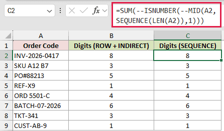 SUM with SEQUENCE counting the digits in each order code in column C