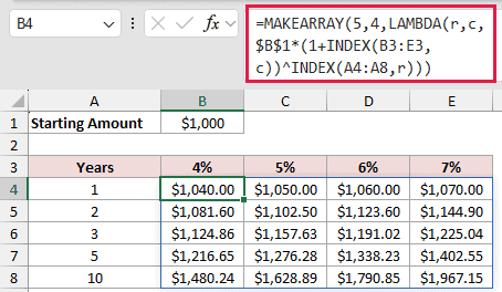 MAKEARRAY formula filling a compound growth grid