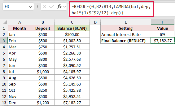 REDUCE formula returning only the final balance