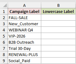 LOWER example 1: dataset and empty result cells