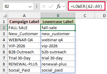 LOWER example 1: =LOWER(A2:A9)