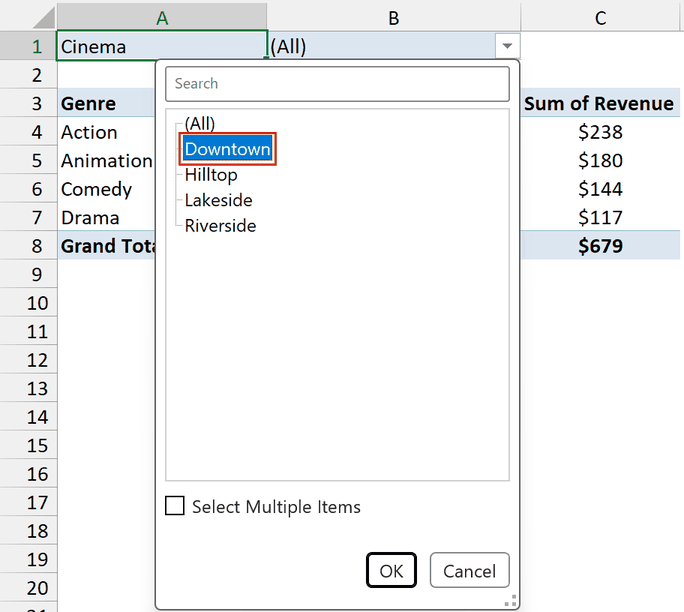 Report filter drop-down with Downtown selected and Select Multiple Items unchecked