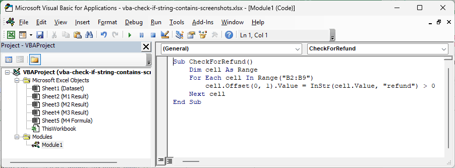 CheckForRefund macro in a VB Editor module using InStr