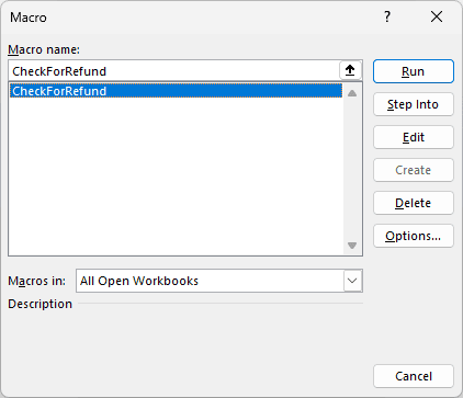 Macro dialog with CheckForRefund selected