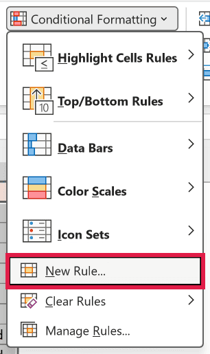 Home > Conditional Formatting menu with New Rule highlighted