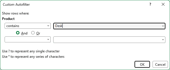 Custom AutoFilter dialog with Product contains Desk
