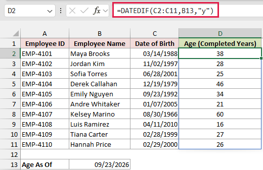 DATEDIF formula in D2 spills each employee's age in completed years