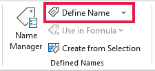 Excel ribbon showing the Defined Names group with Define Name highlighted by a red box