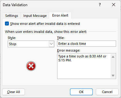 Data Validation Error Alert tab with a Stop alert title and message.