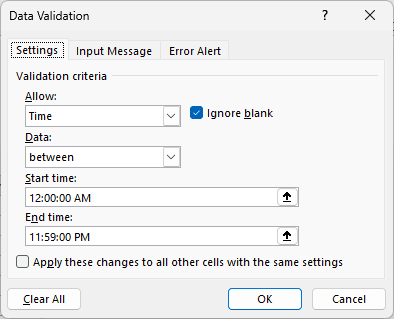 Data Validation Settings tab allowing times between 12:00 AM and 11:59 PM.