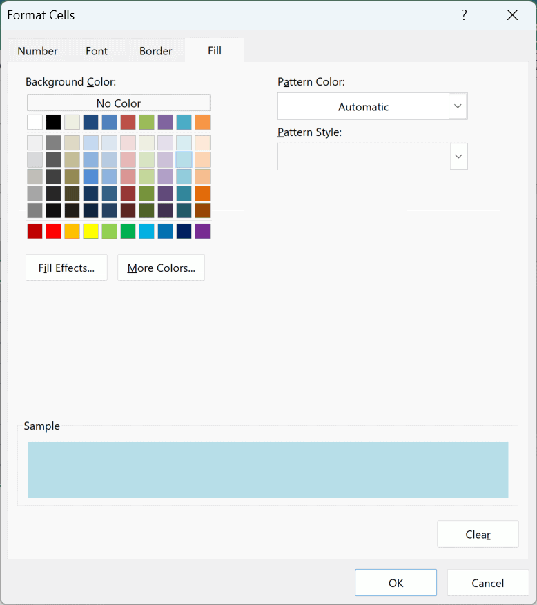 Format Cells dialog on the Fill tab with a light blue palette color picked