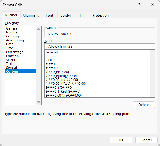 Custom category selected in Format Cells with m/d/yyyy h:mm:ss typed in the Type box