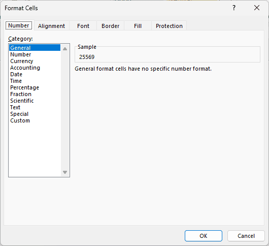 Format Cells dialog open on the Number tab with the converted serial numbers in C2:C9 selected