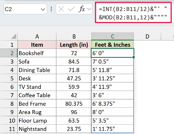 INT and MOD formula in C2 returning each length in feet and inches, such as 5' 11.8" for 71.8 inches