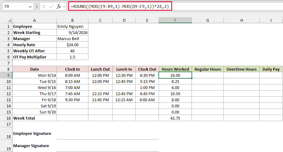 Hours Worked formula subtracts the lunch break and handles the overnight Friday shift.