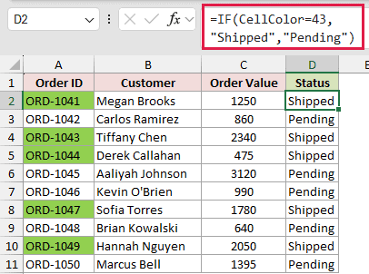 Excel Status column filled with Shipped or Pending by the IF CellColor formula, with green Order ID cells