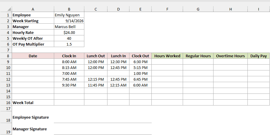 Timesheet layout with the employee header block, clock times for the week, and empty formula columns.