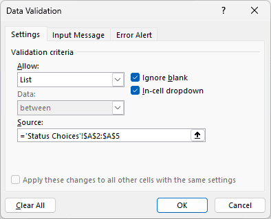 Data Validation set to List with the Status Choices range as the source.
